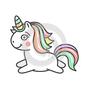 Cute Cartoon Unicorn Character Icon on White Background. Vector