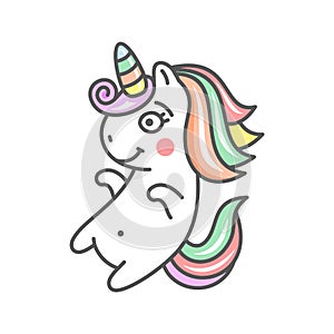 Cute Cartoon Unicorn Character Icon on White Background. Vector