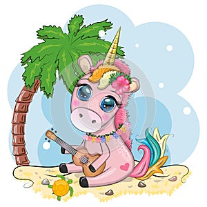 Cute Cartoon Unicorn with colorful hair is playing guitar