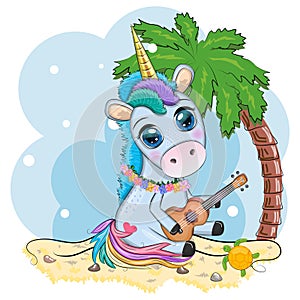 Cute Cartoon Unicorn with colorful hair is playing guitar