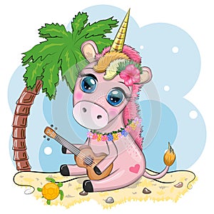 Cute Cartoon Unicorn with colorful hair is playing guitar