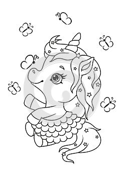 Cute cartoon unicorn coloring page