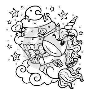 Cute cartoon unicorn with cream cupcake. Black and white children s illustration for coloring. Doodle style. Vector