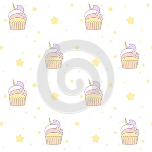 Cute cartoon unicorn cupcake seamless pattern background illustration