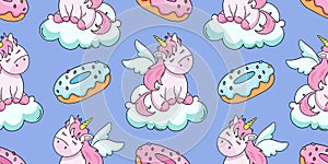 Cute cartoon unicorn and donuts, vector seamless pattern in the style of doodles, hand-drawn