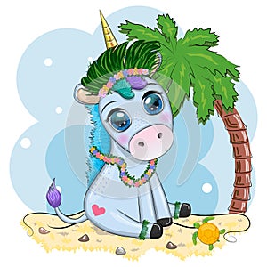 Cute cartoon unicorn dressed as a hula dancer, Hawaii, ready to go character. Summer, sea, palm trees, beach.