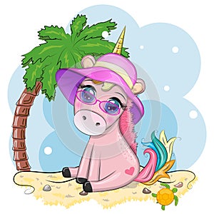 Cute cartoon unicorn dressed as a hula dancer, Hawaii, ready to go character. Summer, sea, palm trees, beach.