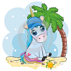 Cute cartoon unicorn dressed as a hula dancer, Hawaii, ready to go character. Summer, sea, palm trees, beach.