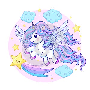 Cute, cartoon unicorn flies in the sky. Vector illustration