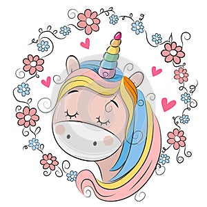 Cute Cartoon Unicorn with flowers