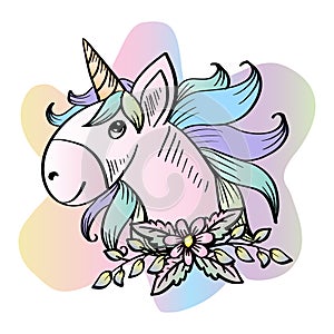 Cute cartoon unicorn head with flowers.