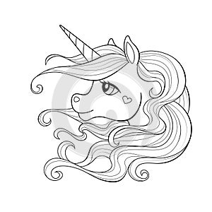 Cute cartoon unicorn head with long mane. Black and white vector  illustration for coloring book