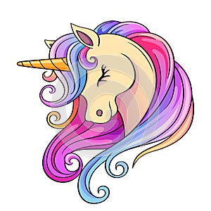 Cute cartoon unicorn head with rainbow mane