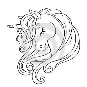 Cute cartoon unicorn head with rainbow mane. Black and white vector  illustration for coloring book