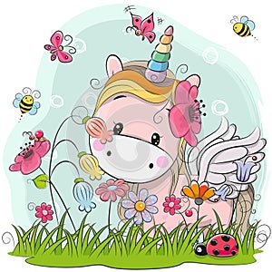 Cute Cartoon Unicorn on a meadow