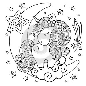 Cute, cartoon unicorn on the moon. Black and white. Vector illustration