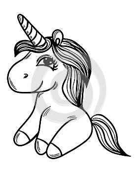 Cute cartoon unicorn outlined for coloring book and page isolated