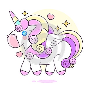 Cute Cartoon Unicorn with Pink and Yellow hair Stars Vector