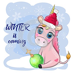 Cute cartoon unicorn in santa hat with gift, christmas ball, candy kane. New Year and Christmas holiday