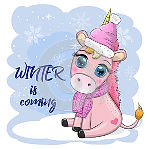 Cute cartoon unicorn in santa hat with gift, christmas ball, candy kane. New Year and Christmas holiday