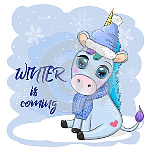 Cute cartoon unicorn in santa hat with gift, christmas ball, candy kane. New Year and Christmas holiday