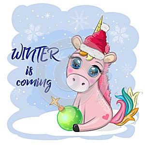 Cute cartoon unicorn in santa hat with gift, christmas ball, candy kane. New Year and Christmas holiday