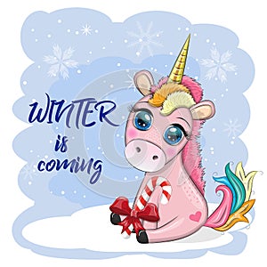 Cute cartoon unicorn in santa hat with gift, christmas ball, candy kane. New Year and Christmas holiday