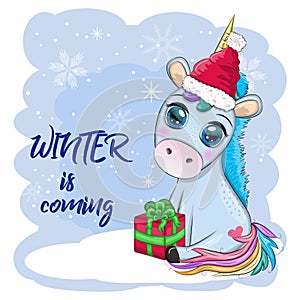 Cute cartoon unicorn in santa hat with gift, christmas ball, candy kane. New Year and Christmas holiday