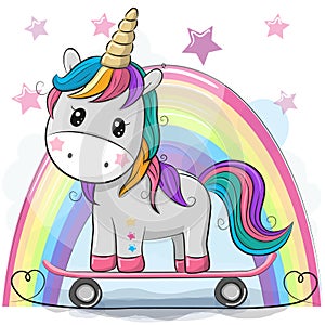 Cute Cartoon Unicorn with skateboard