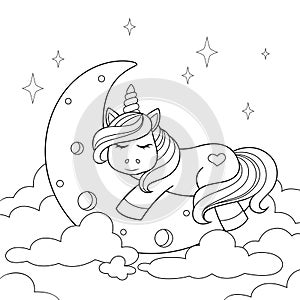 Cute cartoon unicorn sleeping on the moon in clouds. Black and white illustration for coloring book