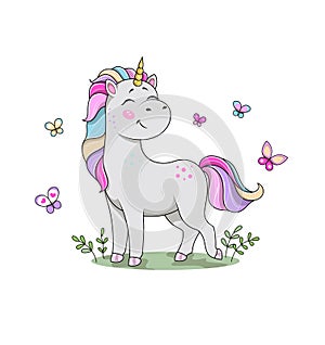 Cute cartoon unicorn standing in the meadow