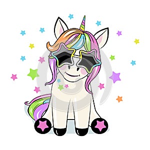 Cute Cartoon unicorn with sun glasses