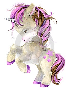 Cute cartoon unicorn watercolor illustration