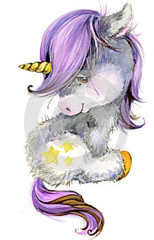 Cute cartoon unicorn watercolor illustration