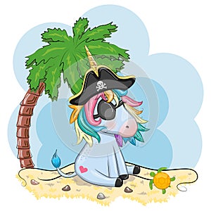 Cute cartoon unicorn wearing a pirate hat and eye patch. Summer, sea, palm, beach