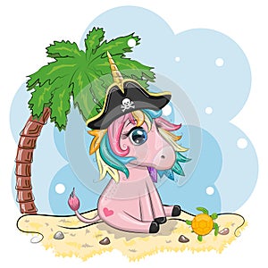 Cute cartoon unicorn wearing a pirate hat and eye patch. Summer, sea, palm, beach