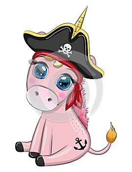 Cute cartoon unicorn wearing a pirate hat and eye patch. Summer, sea, palm, beach