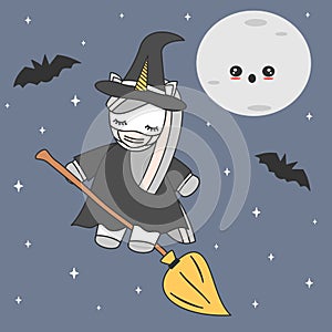 Cute cartoon unicorn witch with face mask flying on broom in a starry night halloween vector illustration