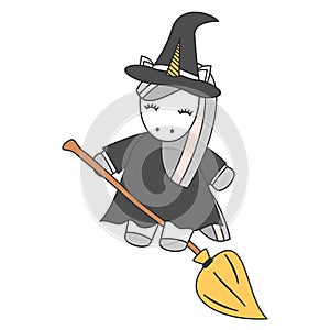 Cute cute cartoon unicorn witch flying on broom in a starry night halloween vector illustration