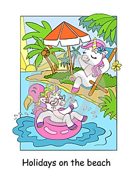 Cute cartoon unicorns on a beach vector illustration