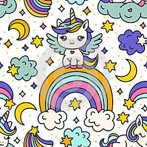 Cute Cartoon Unicorns Seamless Pattern. Unicorn Animal And Rainbow. Kids Birthday Baby Shower
