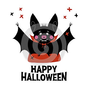 Cute cartoon vampire bat with fangs and red cloak. Doodle cross elements and happy halloween lettering. Halloween greeting card.