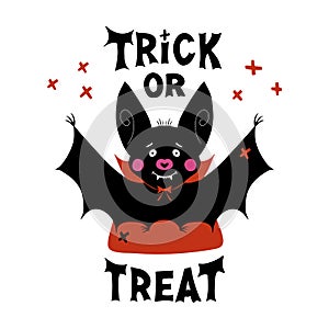 Cute cartoon vampire bat with fangs and red cloak. Doodle cross elements and Trick or treat lettering. Halloween greeting card.