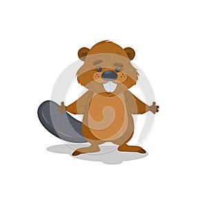 Cute cartoon vector beaver waving with his hands.