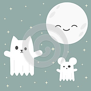 Cute cartoon vector cat and mouse ghost in the night