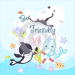 Cute cartoon vector clip art set of marine animals isolated on a blue waves background