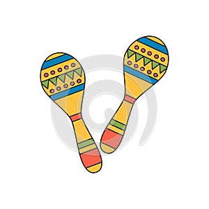 Cute cartoon vector colorful mexican maracas isolated on white background