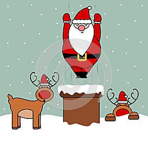 Cute cartoon vector funny christmas illustration of Santa Claus falling in chimney