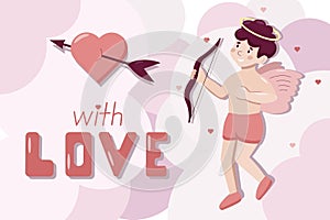 Cute cartoon vector greeting poster with little Cupid. Love is in the air lettering. Valentine Day concept. Angel shoots at the