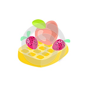 Cute cartoon vector illustration of Belgian waffle with strawberry and peach on top. Fruit belgian waffle icon, isolated